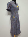 Blue Brown Plaid Dress with Yellow Flower Pocket <br> (B-40" W-28" H-36")