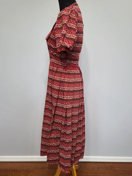 German Red Print Dirndl Dress <br> (B-35.5" W-27" H-45")