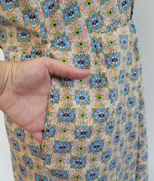 Abstract Print Dress with Ruffles and Rhinestones <br> (B-37 1/2" W-31" H-39 1/2")