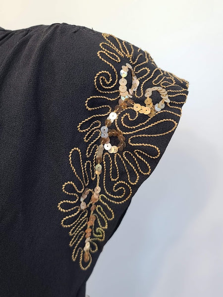 Black Rayon Peplum Dress with Gold Sequins and Soutache <br> (B-33" W-26" H-35")