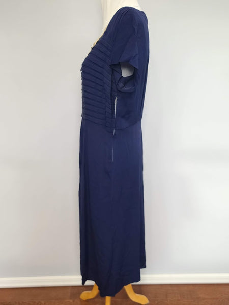 Navy Blue Rayon Dress with Lace Trim and Pleats <br> (B-41" W-33" H-45")