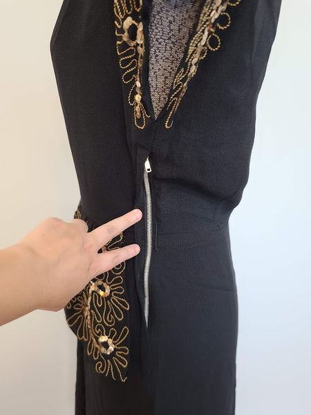 Black Rayon Peplum Dress with Gold Sequins and Soutache <br> (B-33" W-26" H-35")