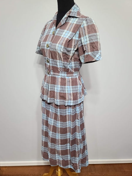 Blue and Tan Plaid Outfit (Blouse and Skirt Set) <br> (B-38" W-28" H-38")
