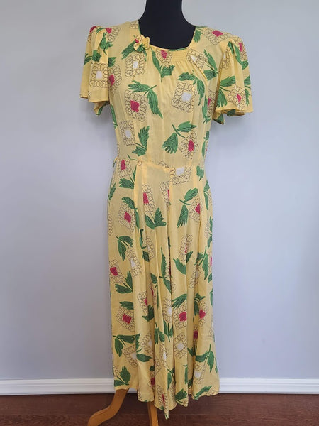 Yellow Abstract Flower Print Dress <br> (B-38" W-30" H-42")