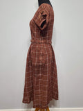 Brown Plaid Dress with Rhinestone Buttons <br> (B-36" W-28.5" H-45")