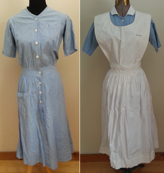 Vintage 1940s WWII Blue Nurse Dress & Apron - Named