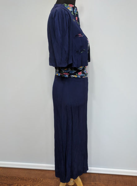 Blue Flower Print Dress w/ Matching Jacket <br> (B-39" W-30" H-33")