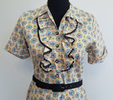 Abstract Print Dress with Ruffles and Rhinestones <br> (B-37 1/2" W-31" H-39 1/2")