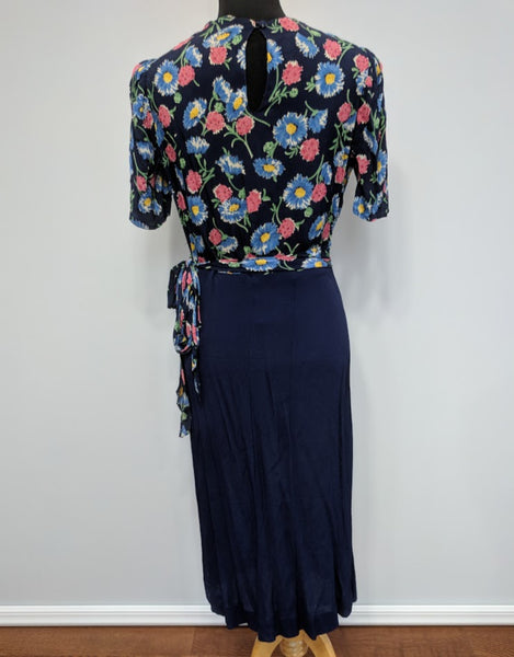 Blue Flower Print Dress w/ Matching Jacket <br> (B-39" W-30" H-33")