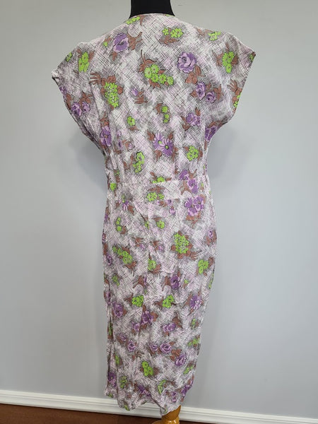 Purple and Green Flower Print Dress <br> (B-40" W-34" H-41")